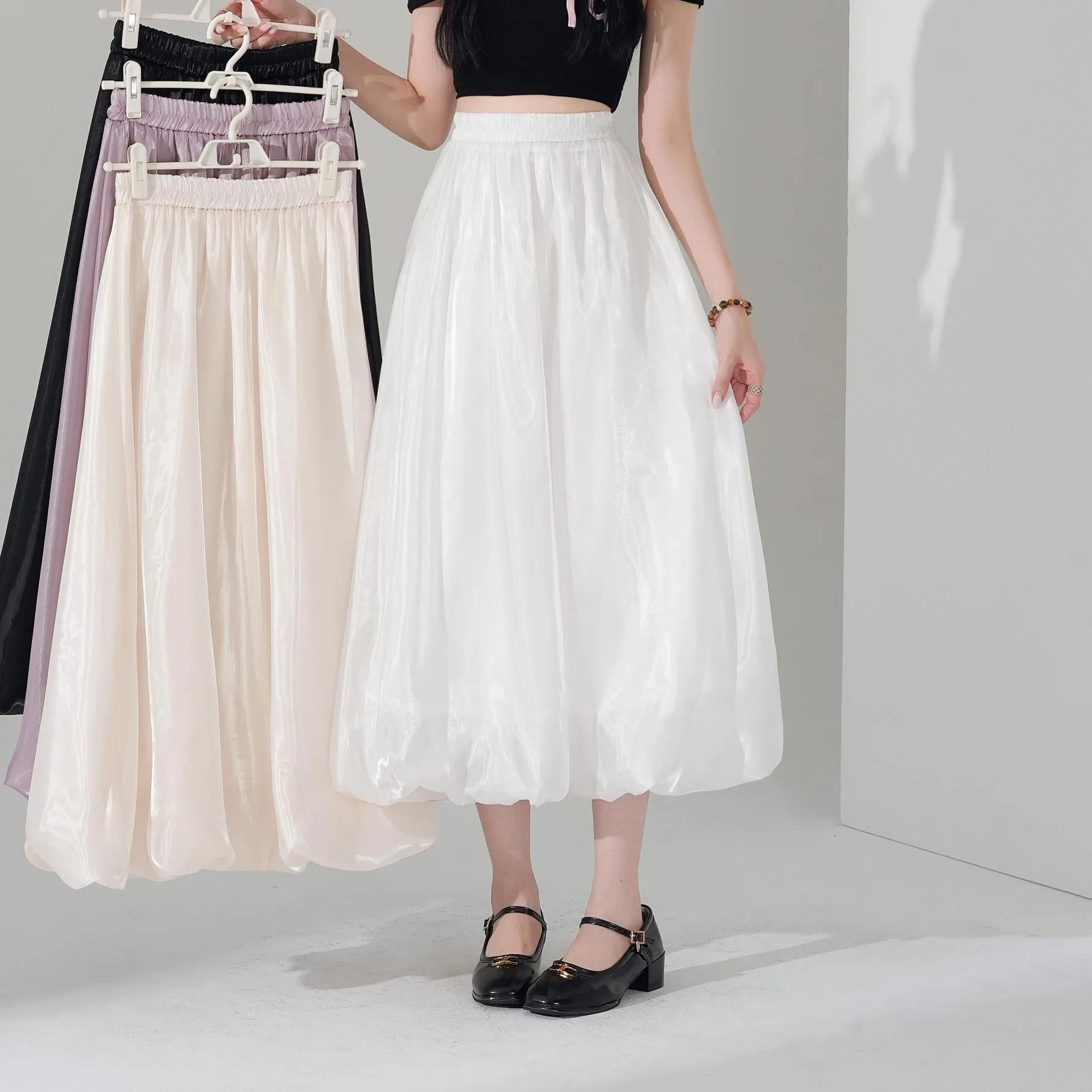 Slinky Solid Satin Maxi Skirt with Elastic Waist