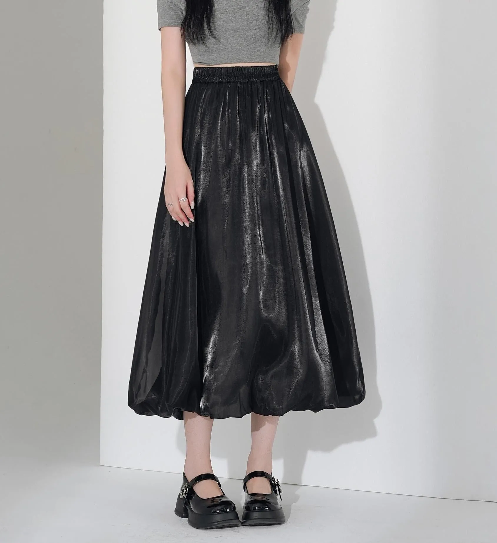 Slinky Solid Satin Maxi Skirt with Elastic Waist