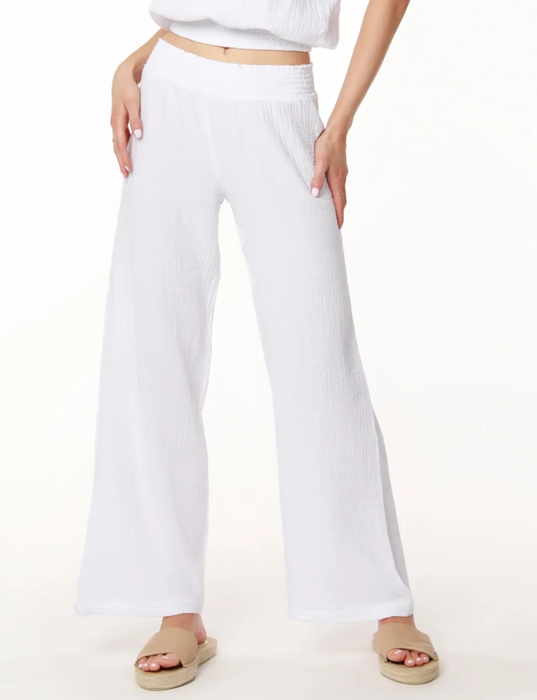 Smocked Waist Wide Leg Pant, White