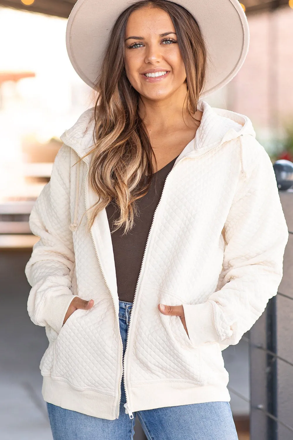 Snow White Lattice Textured Full Zip Hooded Jacket