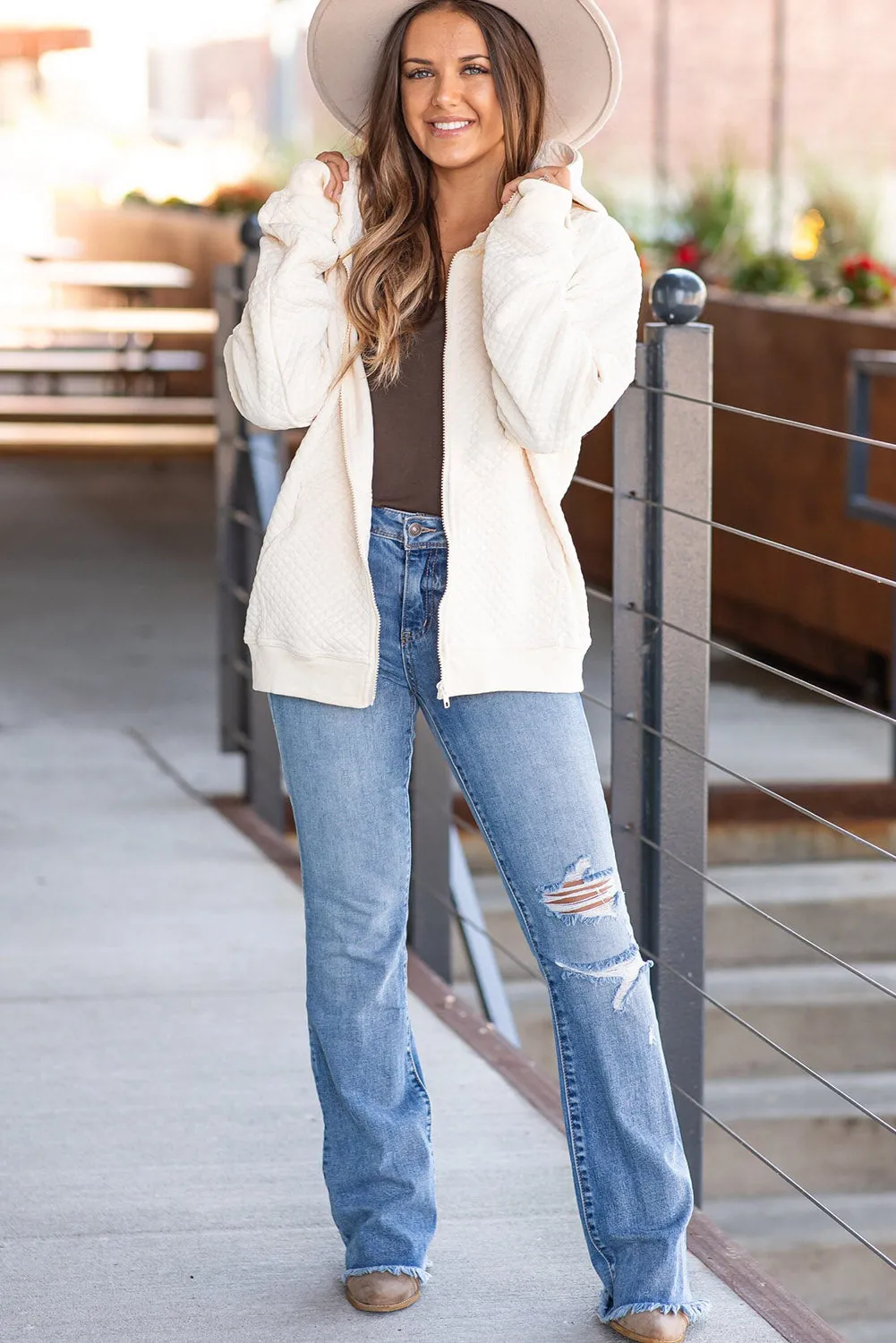 Snow White Lattice Textured Full Zip Hooded Jacket