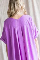 Solid Boxy Top W/ a Scoop Neckline, Back Pleated Detail and Cuffed SS