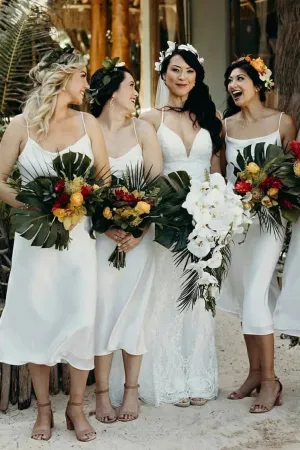 Spaghetti Straps Tea-length White Chiffon Bridesmaid Dress