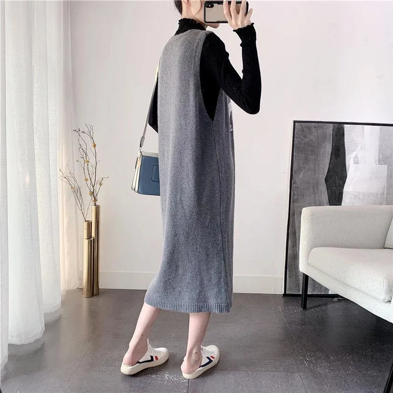 Spring and Autumn Loose Long Sweater Vest Large Size Sleeveless Knitted Vest Skirt Fashion Simple Women Sweater Dress