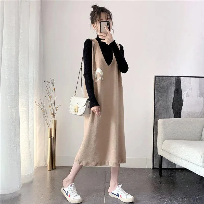 Spring and Autumn Loose Long Sweater Vest Large Size Sleeveless Knitted Vest Skirt Fashion Simple Women Sweater Dress