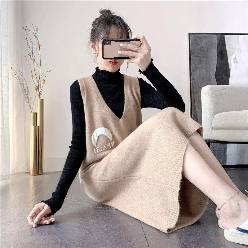 Spring and Autumn Loose Long Sweater Vest Large Size Sleeveless Knitted Vest Skirt Fashion Simple Women Sweater Dress