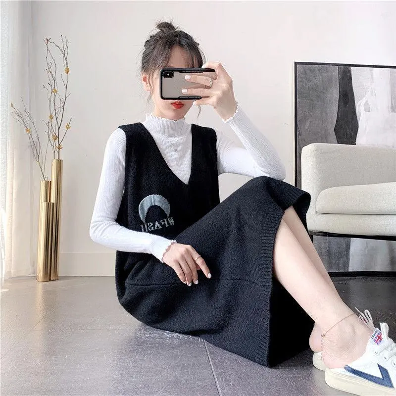 Spring and Autumn Loose Long Sweater Vest Large Size Sleeveless Knitted Vest Skirt Fashion Simple Women Sweater Dress