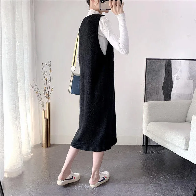 Spring and Autumn Loose Long Sweater Vest Large Size Sleeveless Knitted Vest Skirt Fashion Simple Women Sweater Dress