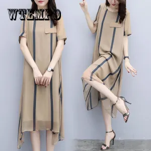 Stripe Loose Style Women Short Sleeves Dresses Vestidos Vintage Maxi Dress Dresses