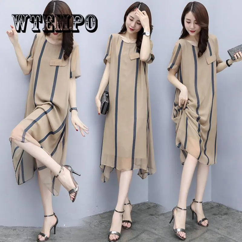 Stripe Loose Style Women Short Sleeves Dresses Vestidos Vintage Maxi Dress Dresses