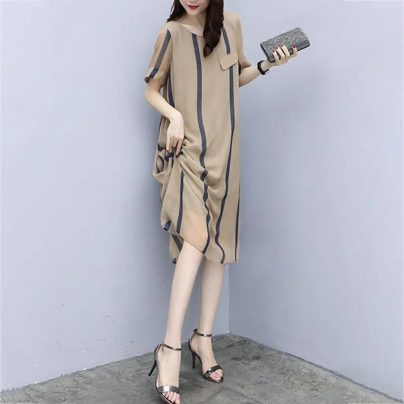 Stripe Loose Style Women Short Sleeves Dresses Vestidos Vintage Maxi Dress Dresses