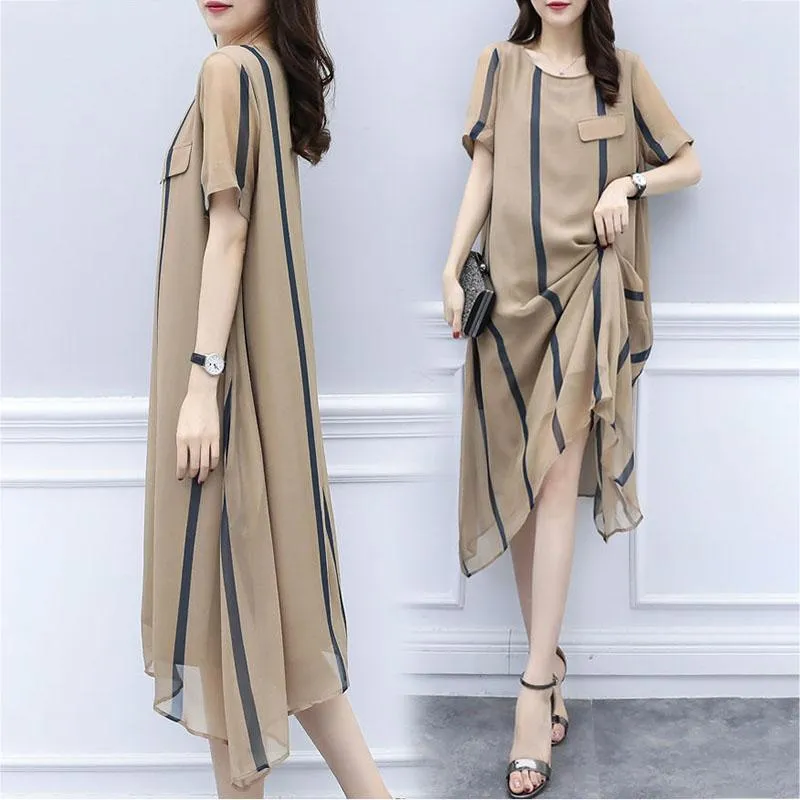 Stripe Loose Style Women Short Sleeves Dresses Vestidos Vintage Maxi Dress Dresses