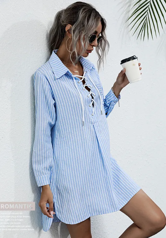 Striped Lace-Up Shirt Dress with Lapel Collar and Long Sleeves