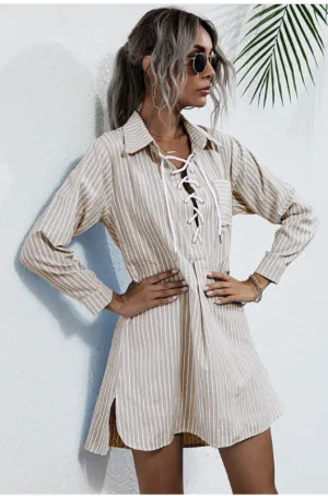 Striped Lace-Up Shirt Dress with Lapel Collar and Long Sleeves