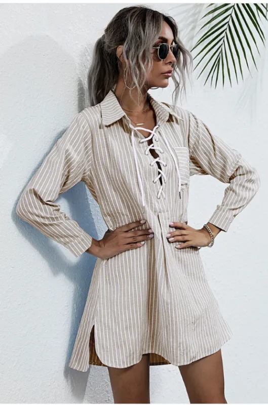 Striped Lace-Up Shirt Dress with Lapel Collar and Long Sleeves