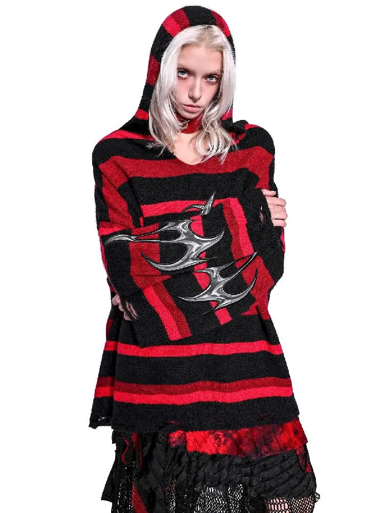 Striped V-Neck Hooded Sweater【s0000011011】