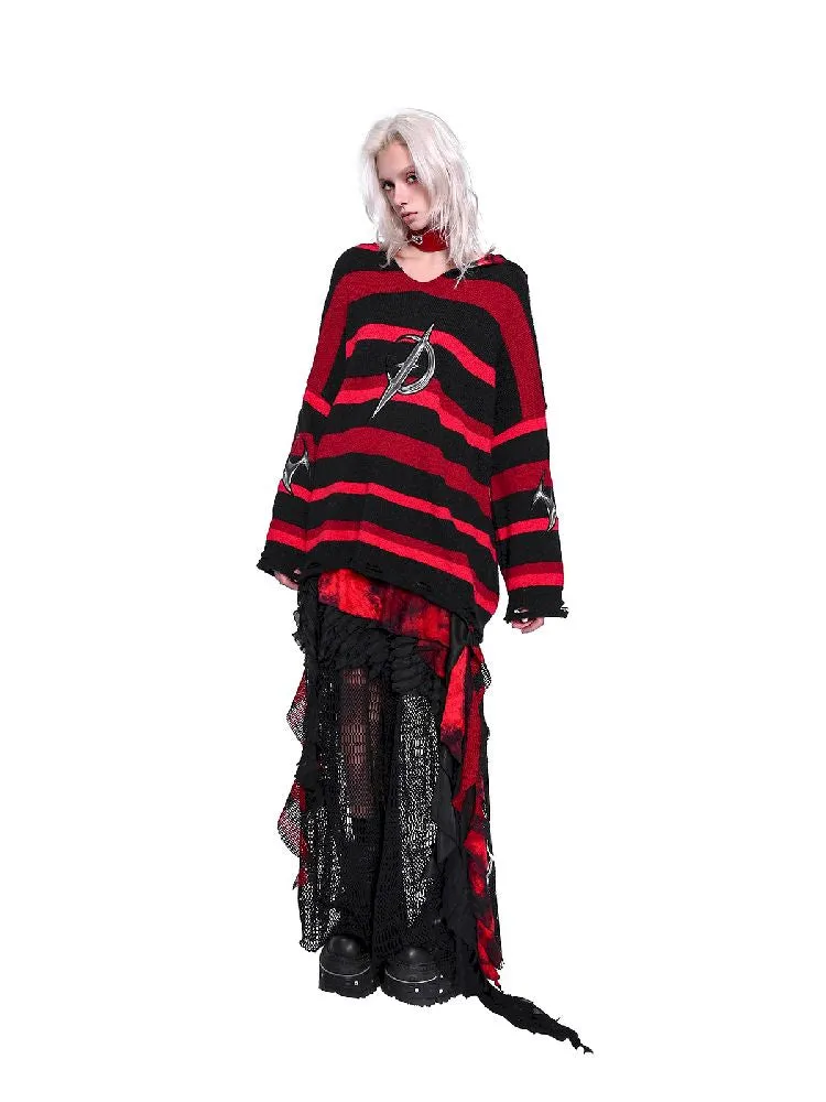 Striped V-Neck Hooded Sweater【s0000011011】