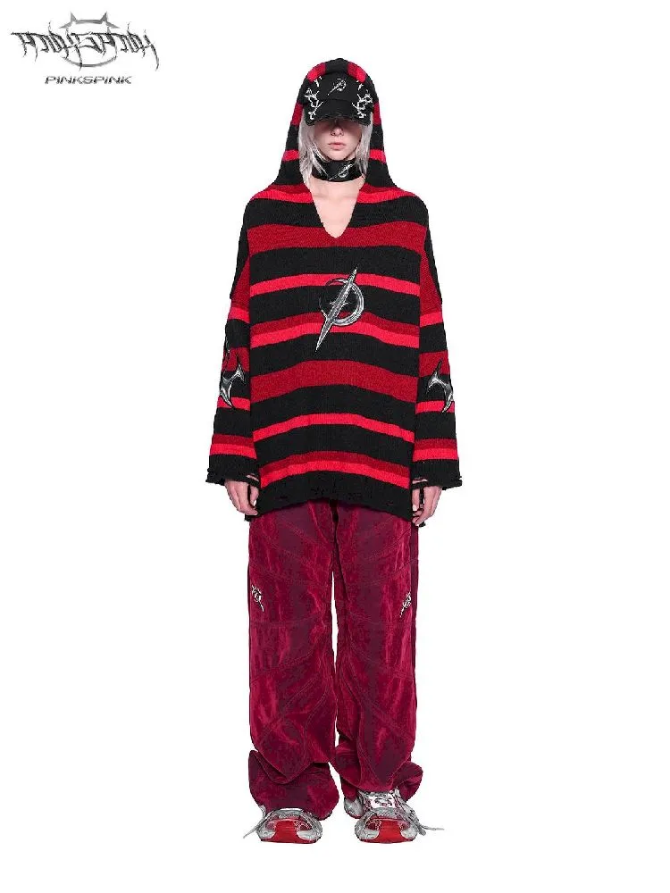 Striped V-Neck Hooded Sweater【s0000011011】