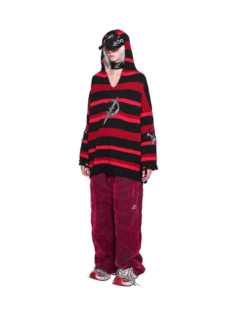 Striped V-Neck Hooded Sweater【s0000011011】