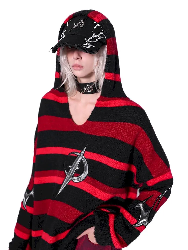 Striped V-Neck Hooded Sweater【s0000011011】