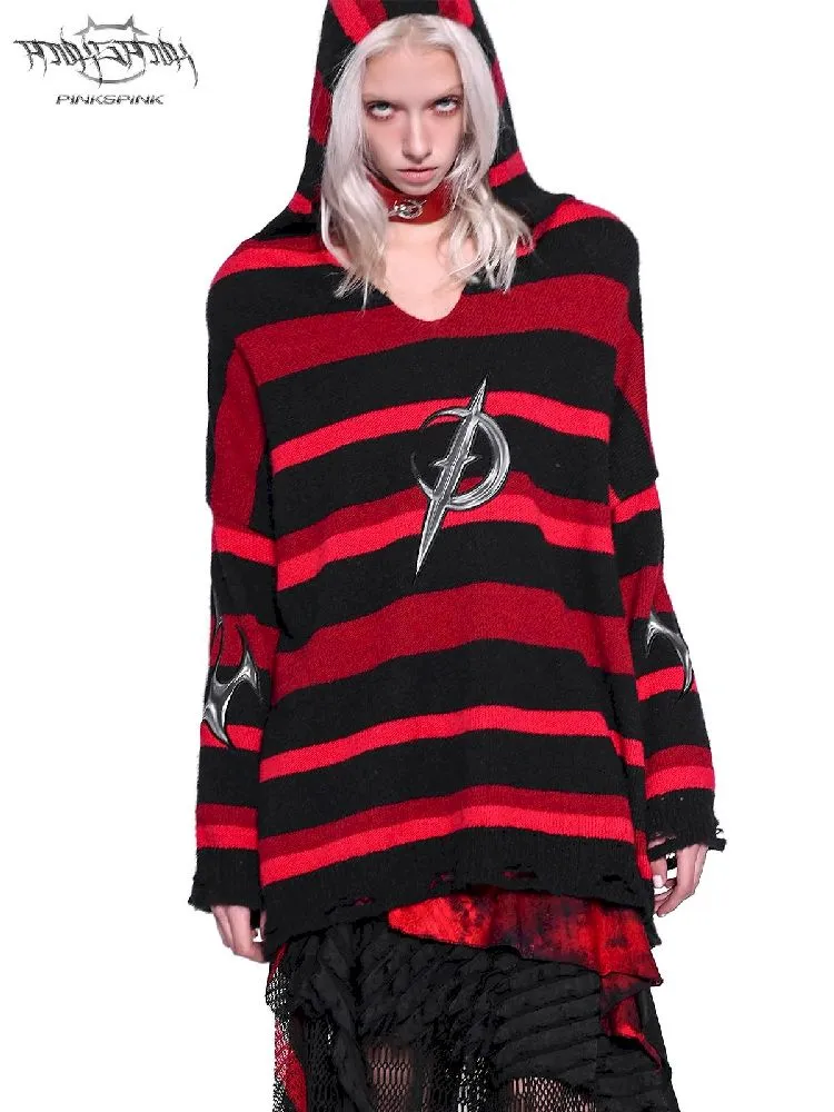 Striped V-Neck Hooded Sweater【s0000011011】