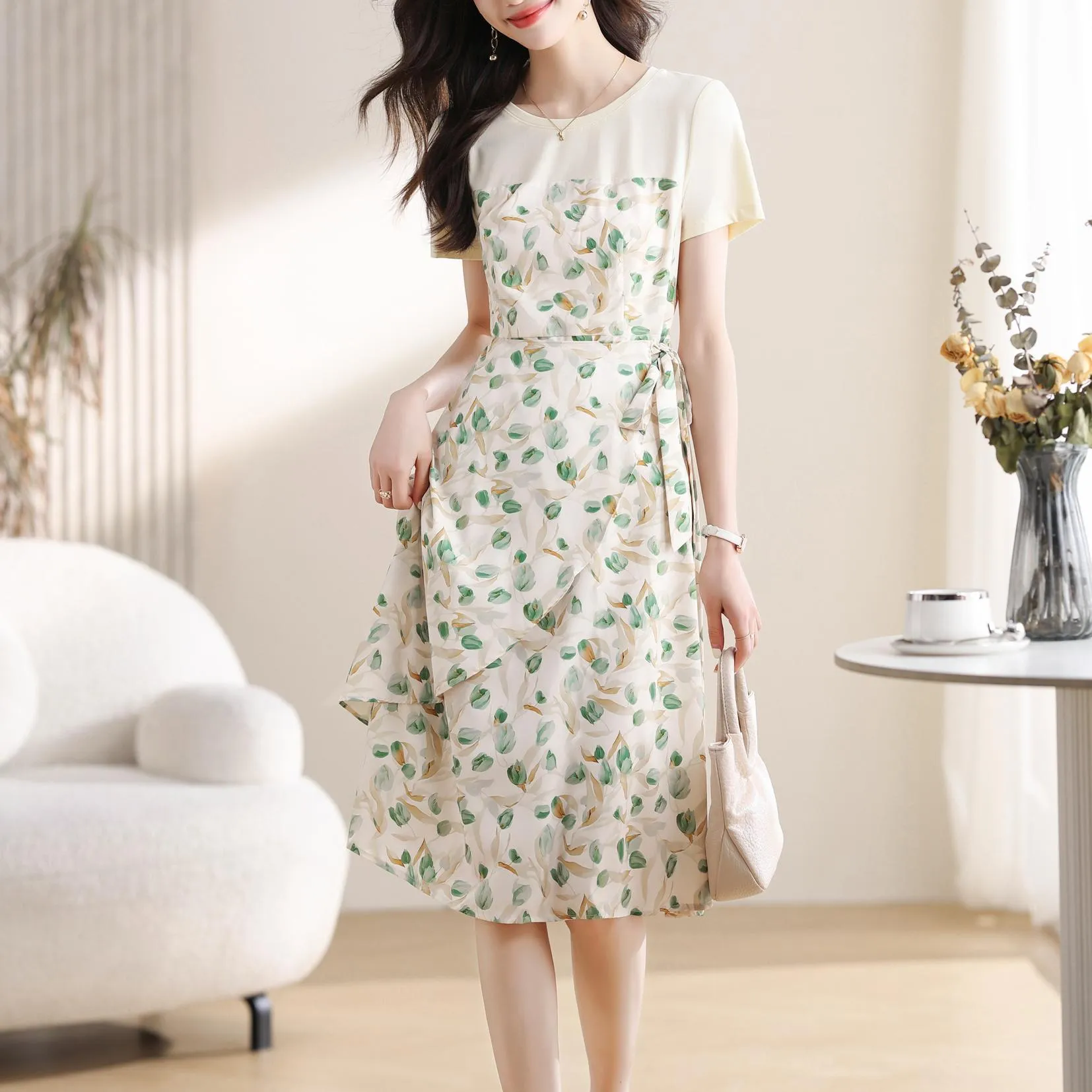 Stylish Faux Two-Piece Floral T-Shirt Dress for Women