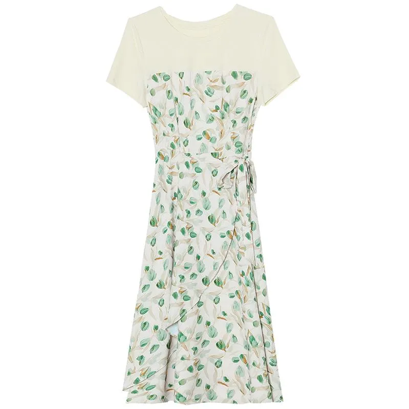 Stylish Faux Two-Piece Floral T-Shirt Dress for Women