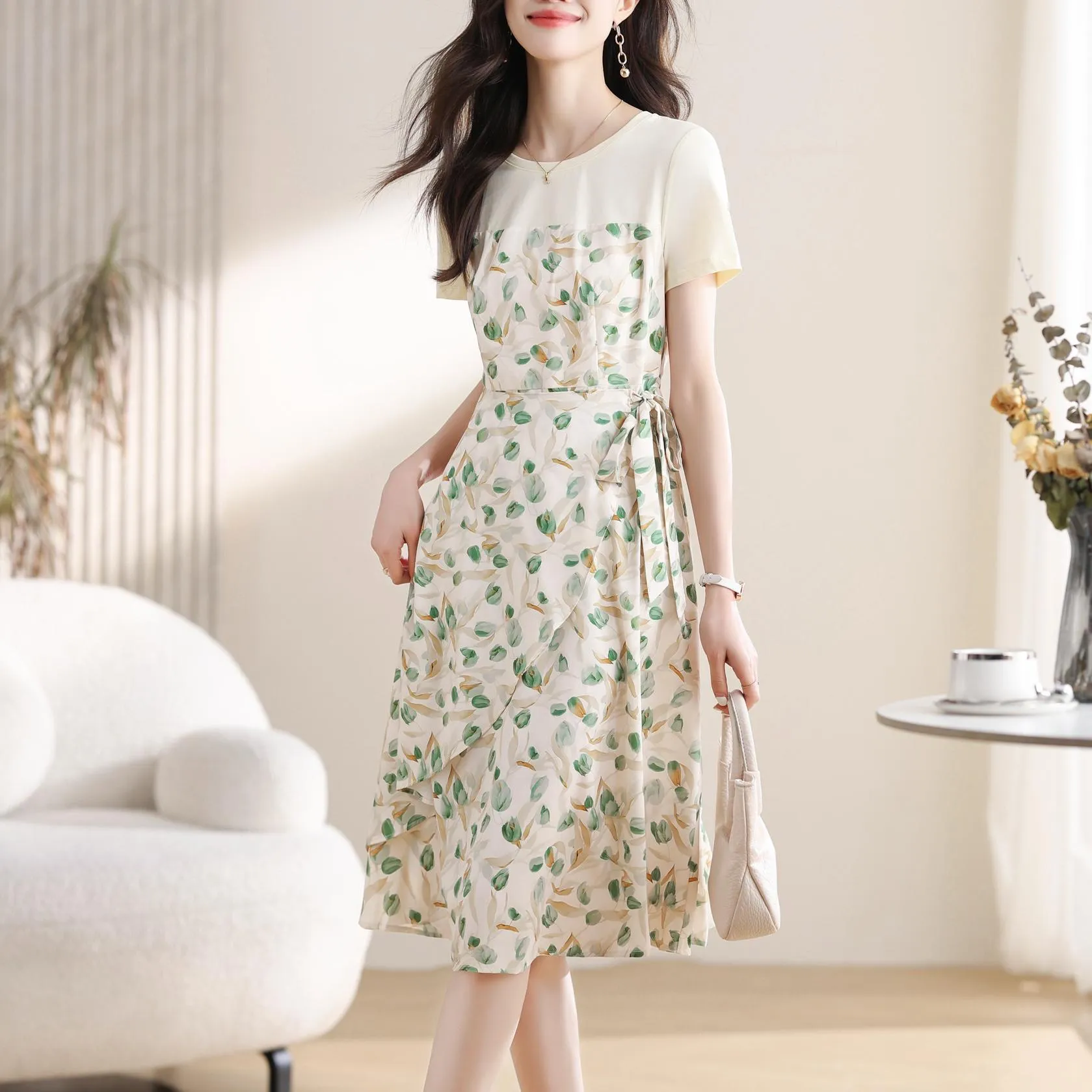 Stylish Faux Two-Piece Floral T-Shirt Dress for Women