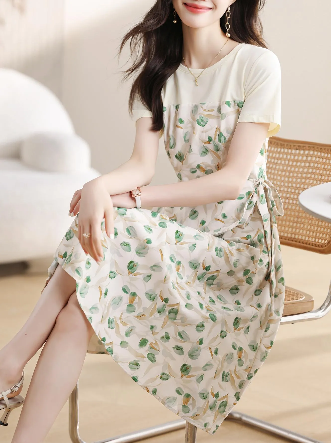 Stylish Faux Two-Piece Floral T-Shirt Dress for Women
