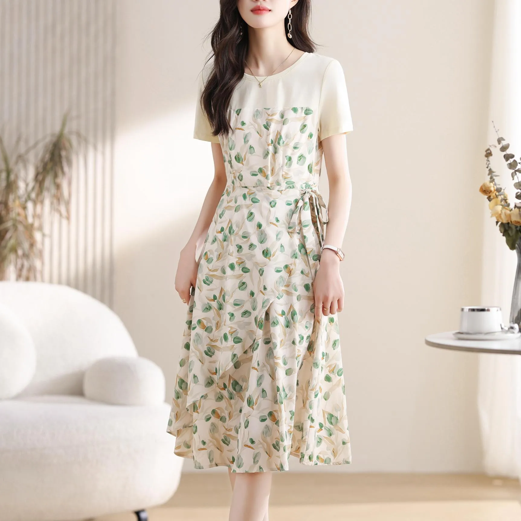 Stylish Faux Two-Piece Floral T-Shirt Dress for Women