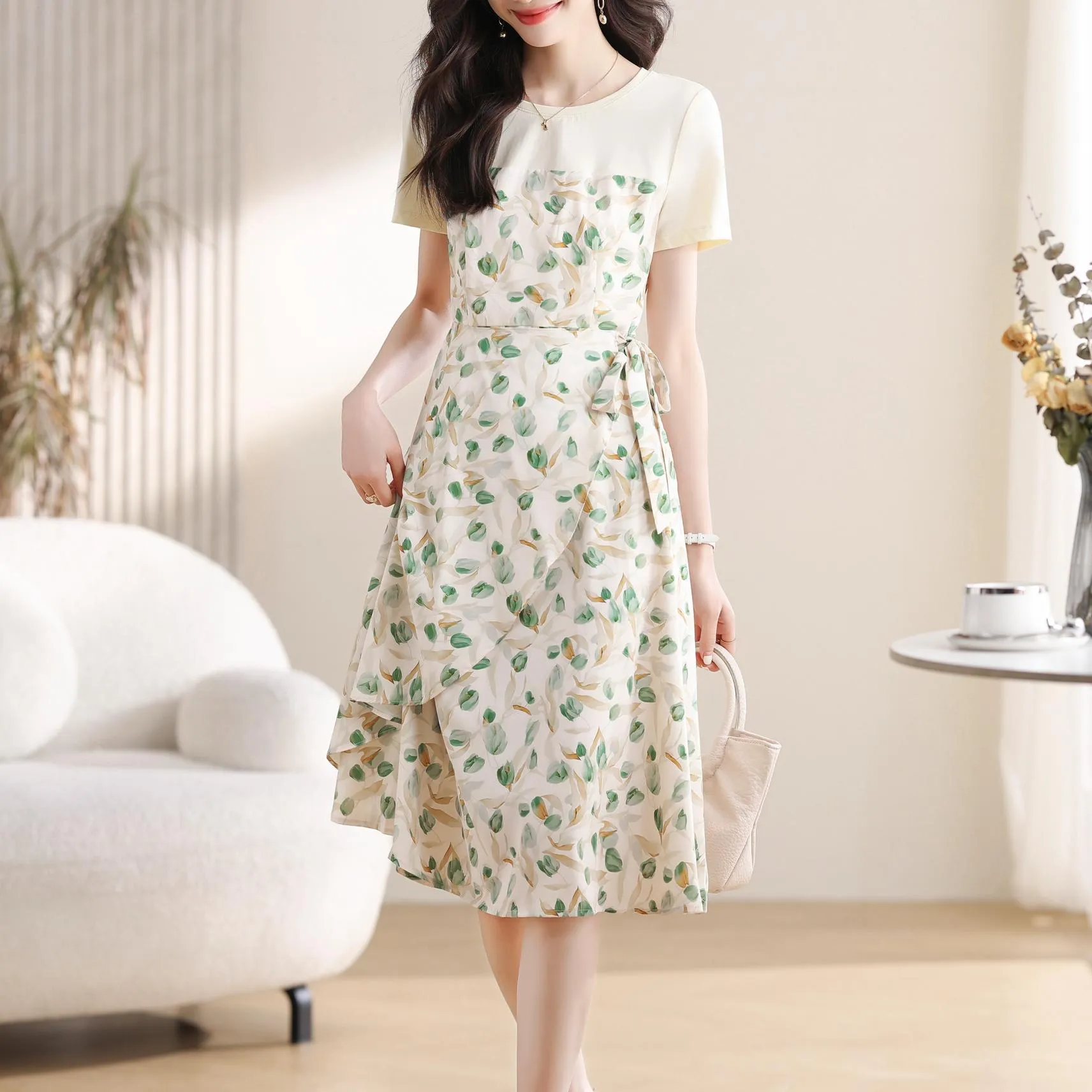 Stylish Faux Two-Piece Floral T-Shirt Dress for Women