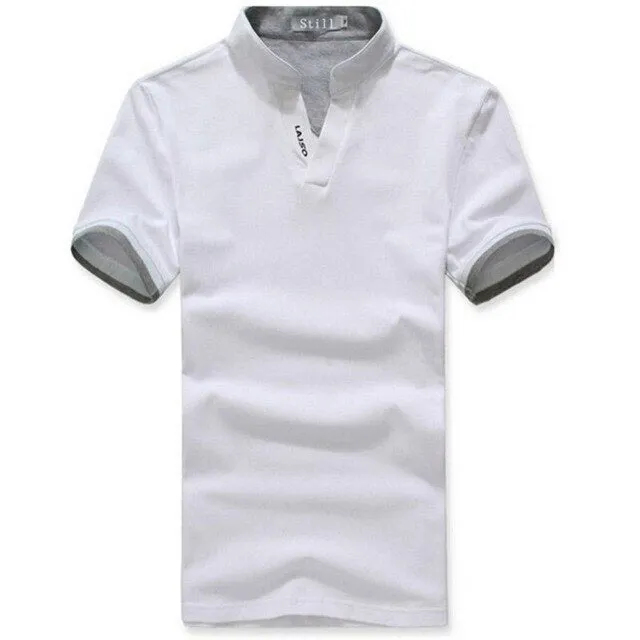 Summer Classic Men Stand Collar Shirt Short Sleeve Tee T-shirt Solid Color Plus Size M-XXXL