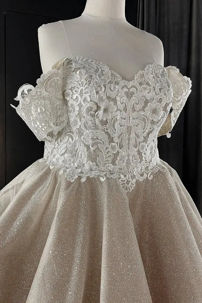 Summer Short Glitter Wedding Dresses Tea-Length Off Shoulder Elegant Women Bridel Gowns Lace Applique Shiny Princess Wedding