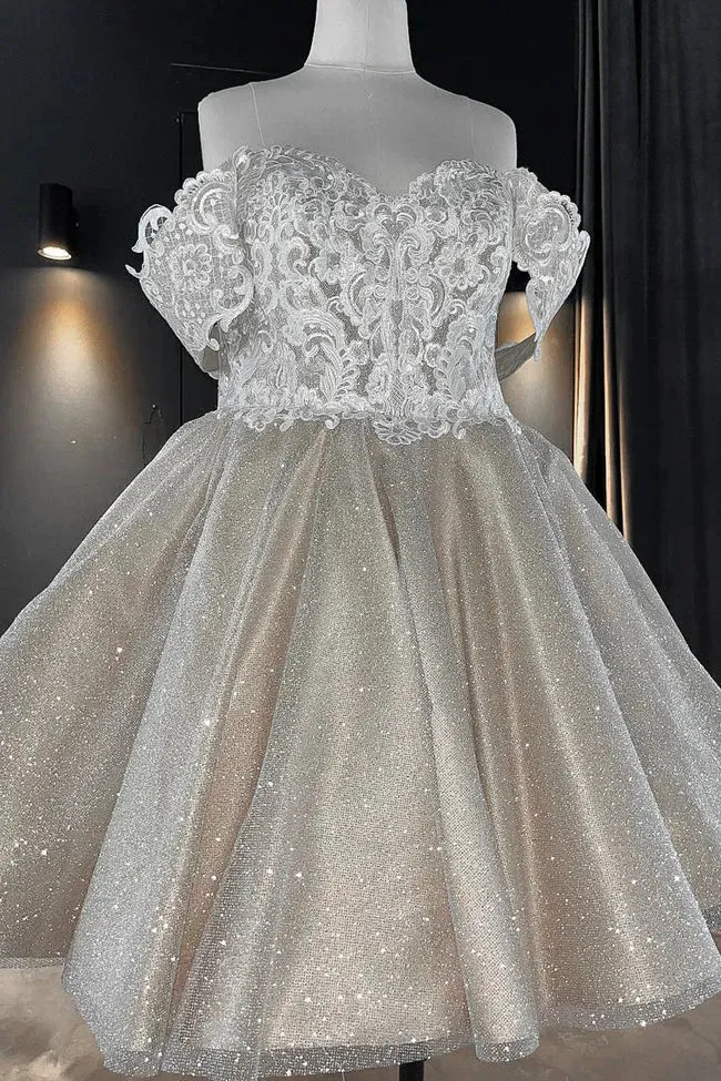 Summer Short Glitter Wedding Dresses Tea-Length Off Shoulder Elegant Women Bridel Gowns Lace Applique Shiny Princess Wedding