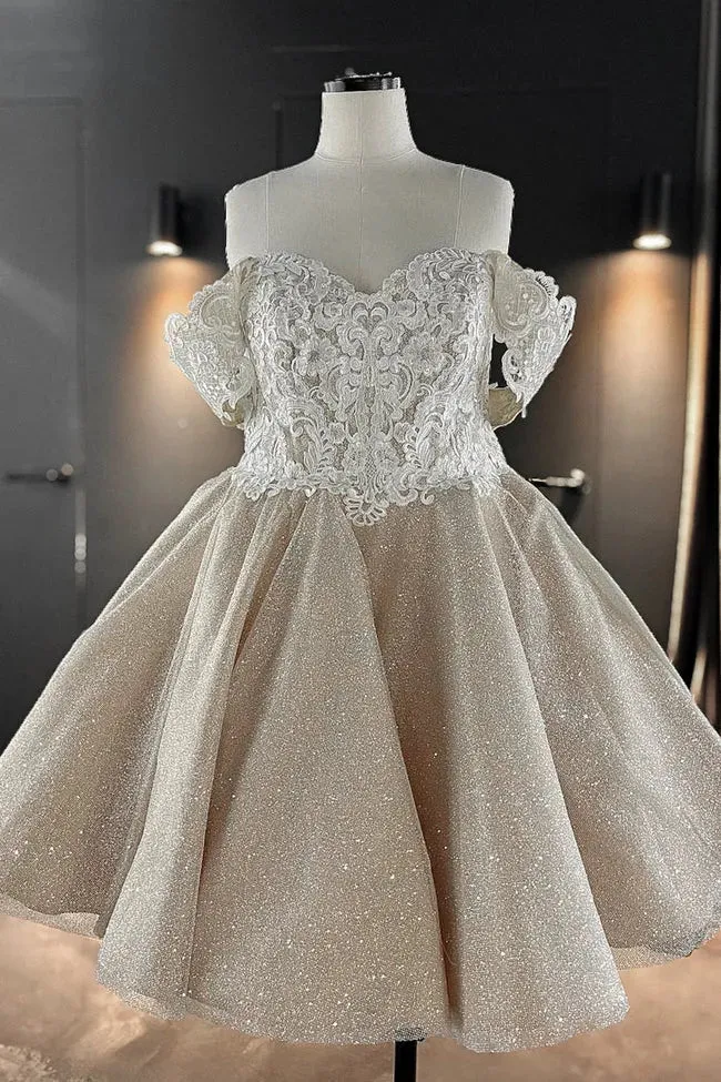 Summer Short Glitter Wedding Dresses Tea-Length Off Shoulder Elegant Women Bridel Gowns Lace Applique Shiny Princess Wedding