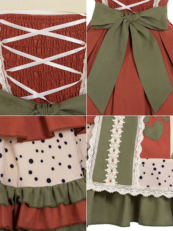 Sweet Lolita JSK Dress Brick Red Sleeveless Lace Up Bows Lolita Jumper Skirts