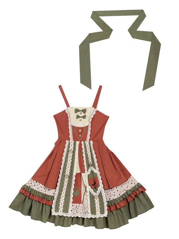 Sweet Lolita JSK Dress Brick Red Sleeveless Lace Up Bows Lolita Jumper Skirts