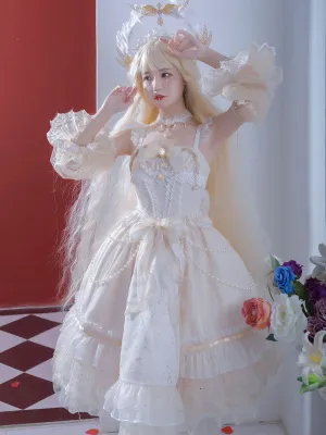 Sweet Lolita JSK Dress White Sleeveless Lace Up Bows Lolita Jumper Skirts