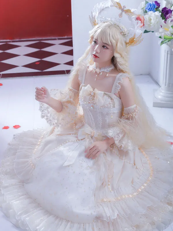Sweet Lolita JSK Dress White Sleeveless Lace Up Bows Lolita Jumper Skirts