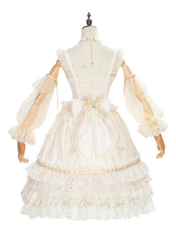 Sweet Lolita JSK Dress White Sleeveless Lace Up Bows Lolita Jumper Skirts