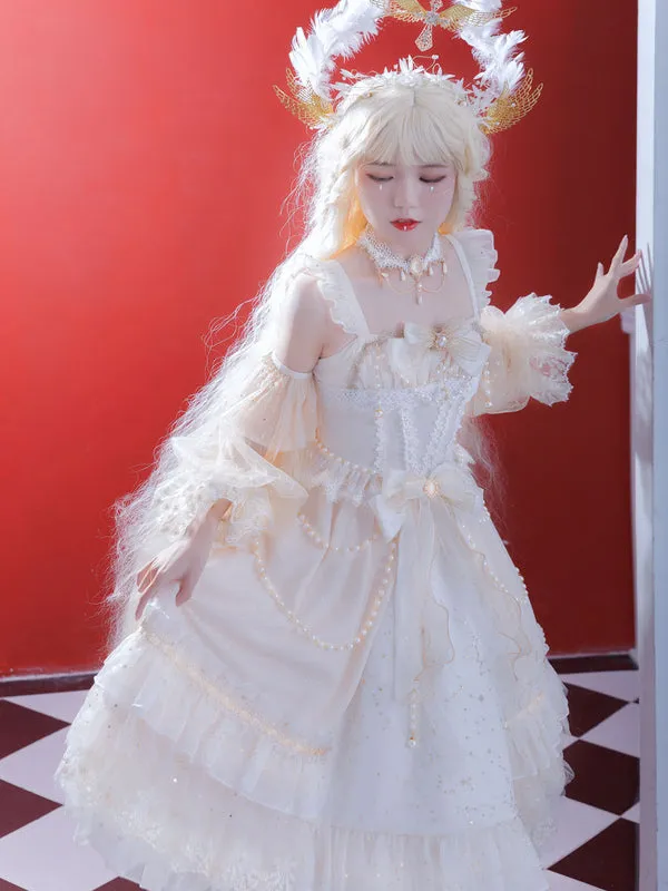 Sweet Lolita JSK Dress White Sleeveless Lace Up Bows Lolita Jumper Skirts