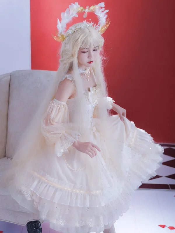Sweet Lolita JSK Dress White Sleeveless Lace Up Bows Lolita Jumper Skirts