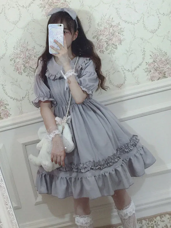 Sweet Lolita OP Dress Chiffon Ruffle Pleated Grey Lolita One Piece Dress
