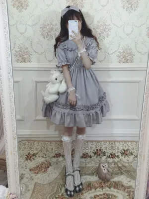 Sweet Lolita OP Dress Chiffon Ruffle Pleated Grey Lolita One Piece Dress