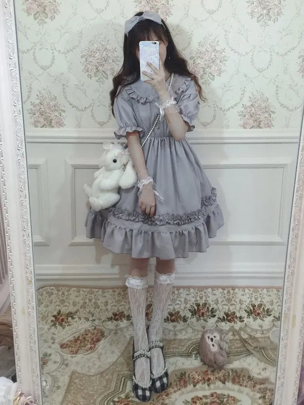 Sweet Lolita OP Dress Chiffon Ruffle Pleated Grey Lolita One Piece Dress