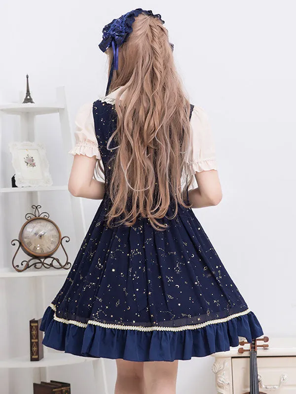 Sweet Lolita OP Dress Ruffle Print Lace Trim Deep Blue Chiffon Lolita One Piece Dress