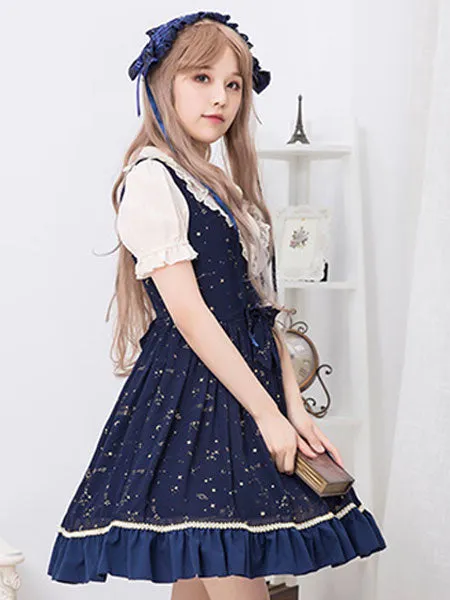 Sweet Lolita OP Dress Ruffle Print Lace Trim Deep Blue Chiffon Lolita One Piece Dress