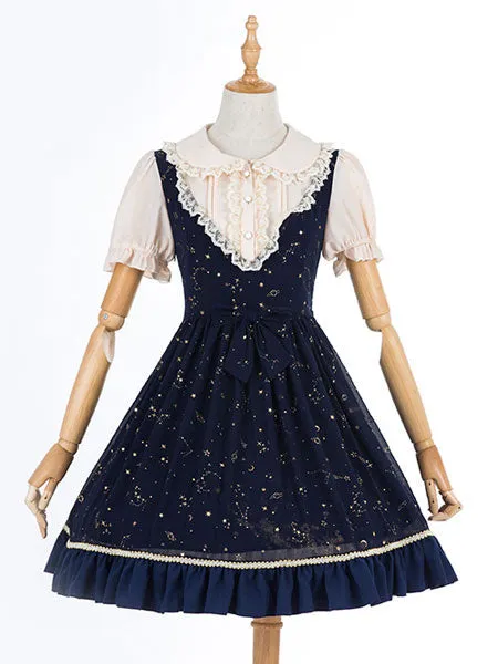 Sweet Lolita OP Dress Ruffle Print Lace Trim Deep Blue Chiffon Lolita One Piece Dress