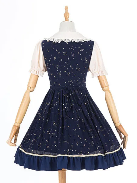 Sweet Lolita OP Dress Ruffle Print Lace Trim Deep Blue Chiffon Lolita One Piece Dress