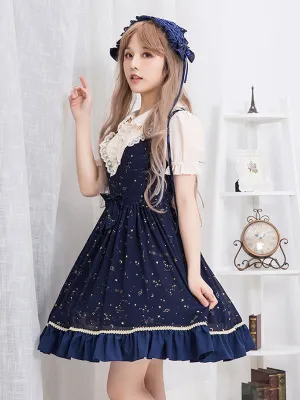 Sweet Lolita OP Dress Ruffle Print Lace Trim Deep Blue Chiffon Lolita One Piece Dress